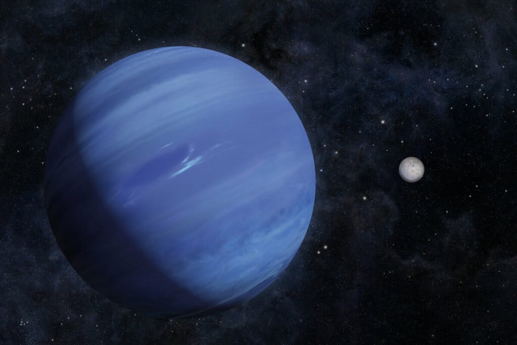 Ilustração do planeta Netuno em azul no espaço com estrelas 