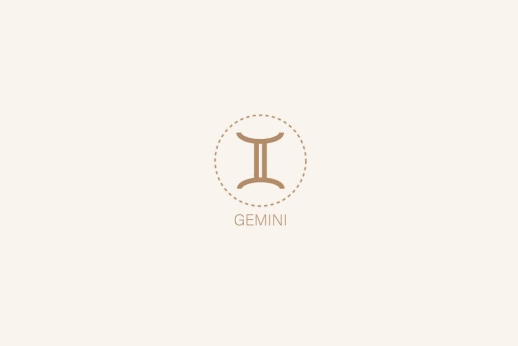 Ilustração do símbolo e nome em inglês do signo de gêmeos em um fundo bege