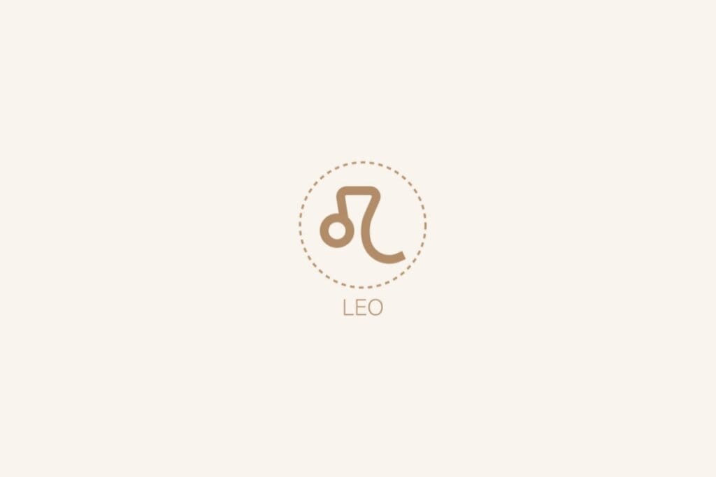 Ilustração do símbolo e nome em inglês do signo de leão em um fundo bege