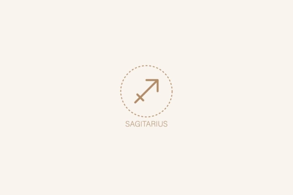 Ilustração do símbolo e nome em inglês do signo de sagitário em um fundo bege