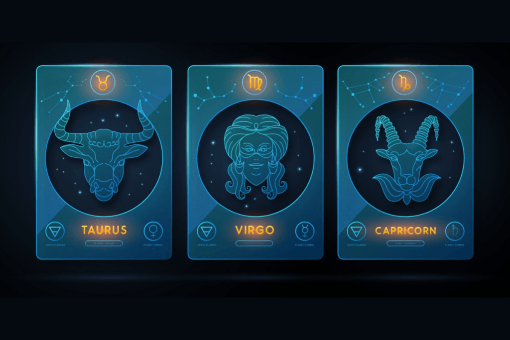 Símbolos dos signos de terra (Touro, Virgem e Capricórnio) em azul e laranja em fundo escuro
