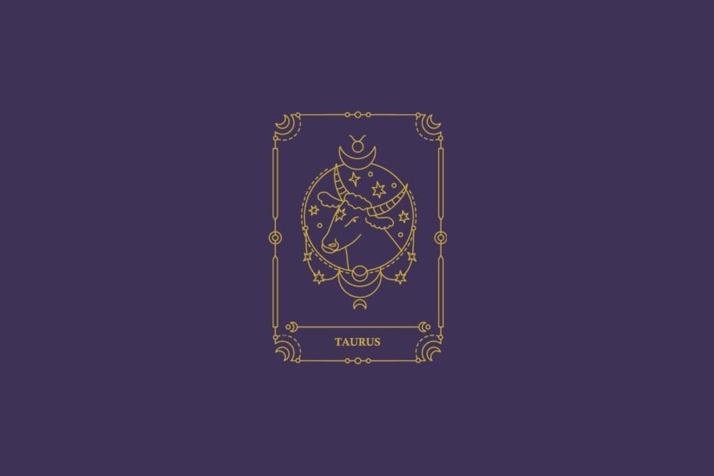 Ilustração do signo de touro em dourado com detalhes na mesma cor ao redor. Fundo roxo-escuro