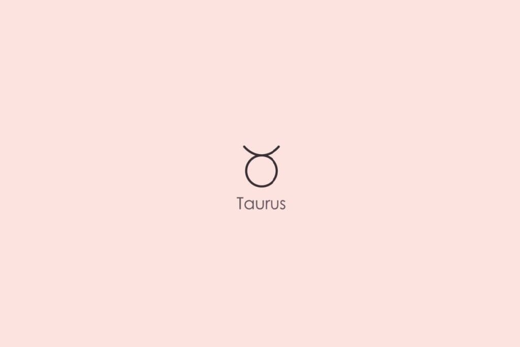 Ilustração do símbolo e nome do signo de touro em inglês em fundo rosa