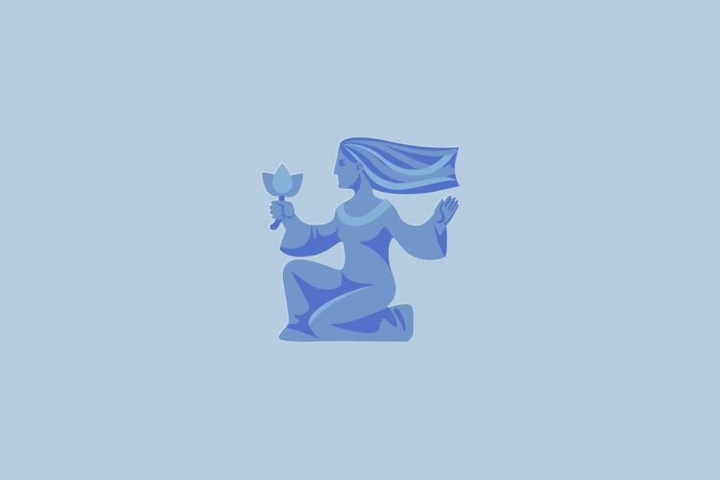 Ilustração do signo Virgem, com uma mulher azul ajoelhada segurando uma flor, sobre fundo azul-claro