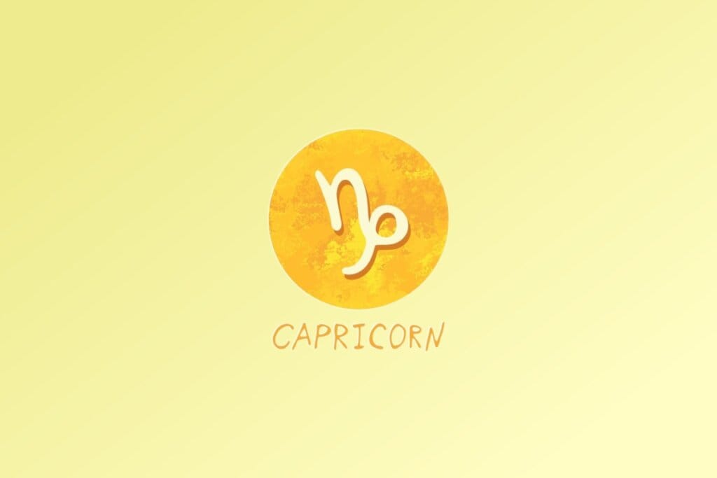 Ilustração do signo de Capricórnio, com um símbolo estilizado que remete à letra "n" seguida de uma espiral, em fundo amarelo