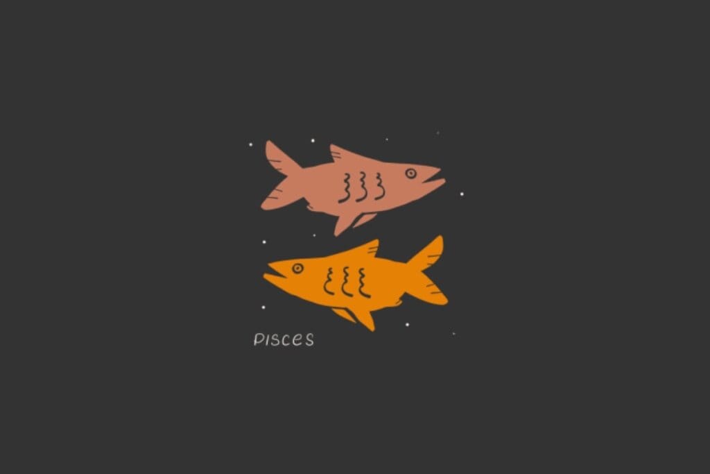 Ilustração do símbolo de Peixes, retratado por dois peixes em tons alaranjados nadando em direções opostas, sobre um fundo escuro estrelado