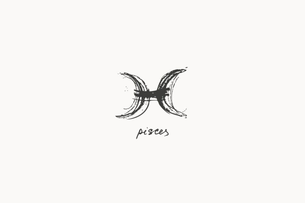 Ilustração do signo de Peixes, contendo dois semicírculos voltados para fora conectados por uma linha central espessa, em fundo claro