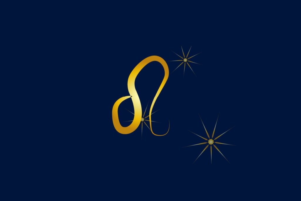 Ilustração do signo de Leão, com um símbolo dourado sinuoso, cercado por estrelas cintilantes, em fundo azul-escuro