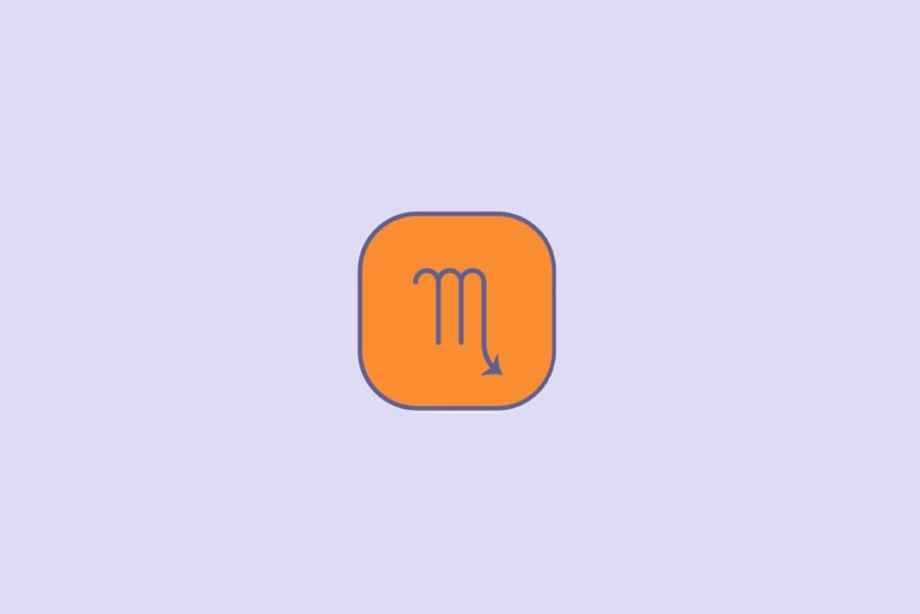 Ícone representando o signo de Escorpião em fundo laranja, com símbolo azul-escuro em formato de um “M” com uma seta na ponta