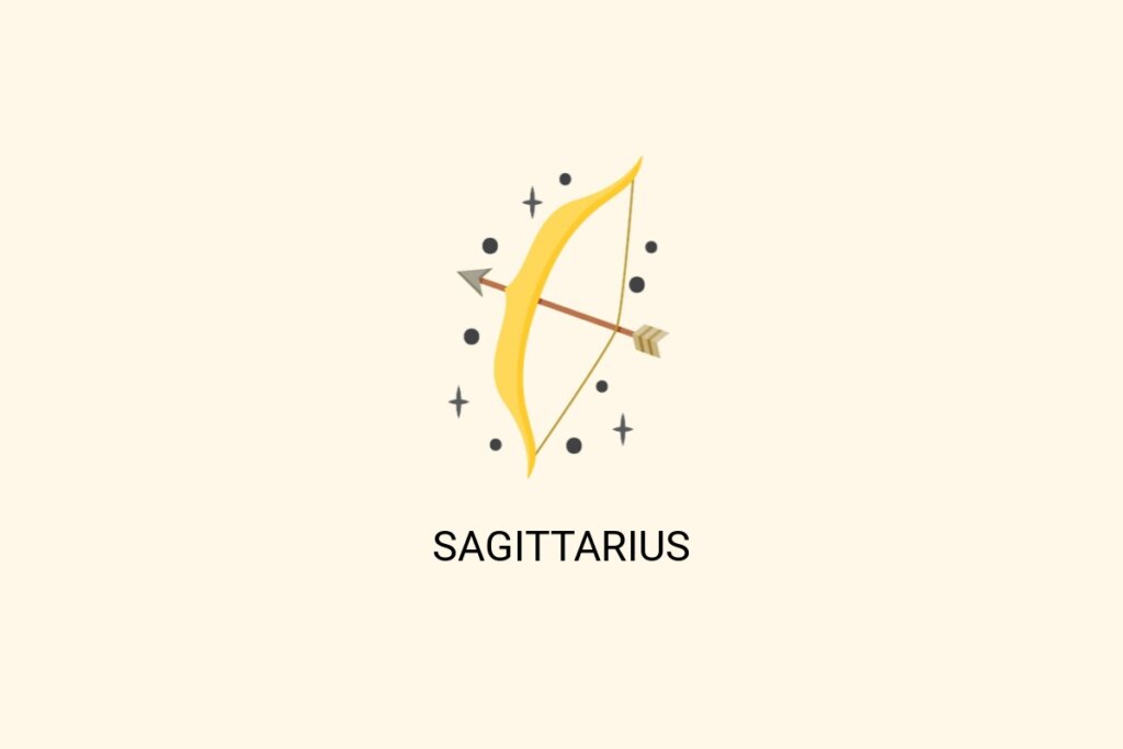 Ilustração do signo de Sagitário, em fundo bege-claro, contendo um arco amarelo com uma flecha marrom centralizada apontando para a direita