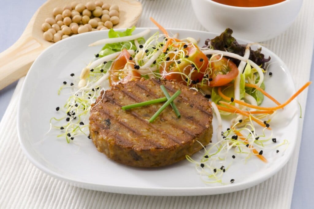 Prato branco com hambúrguer de tofu e grão-de-bico com salada