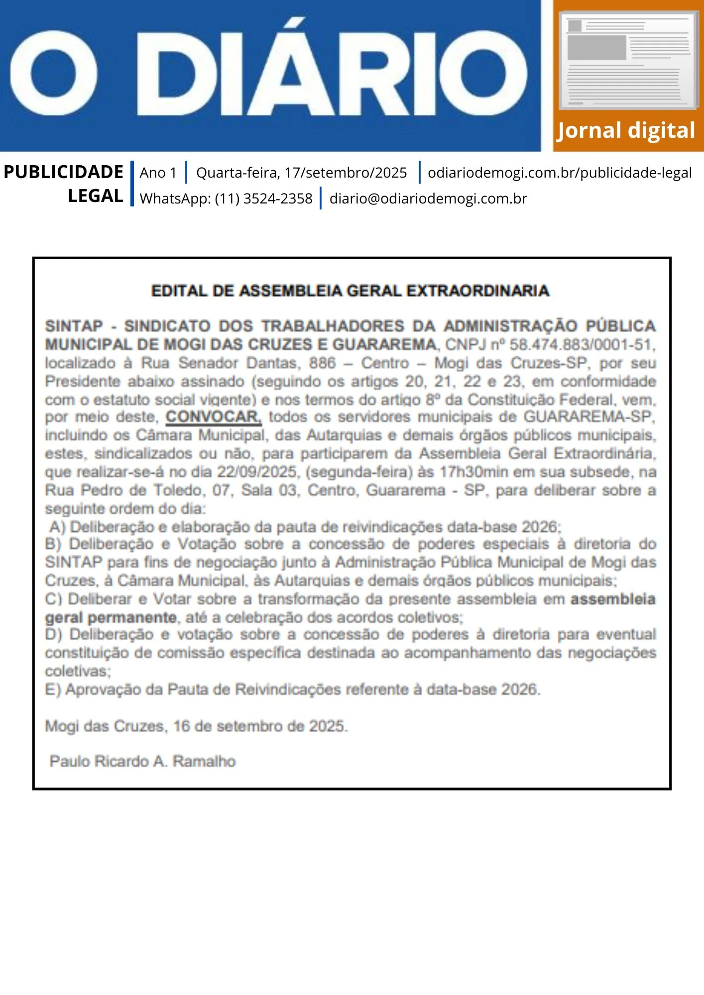 Quarta-feira, 17 de setembro de 2025