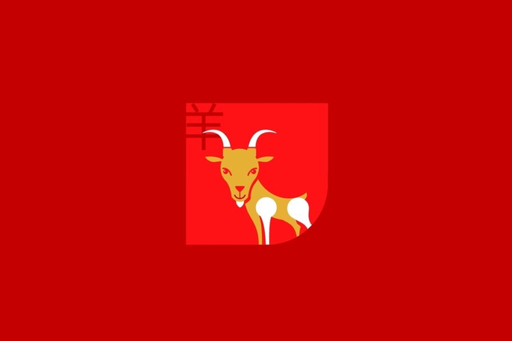 Ilustração do signo de Cabra, contendo uma cabra amarela com chifres brancos e manchas brancas no corpo, em fundo vermelho