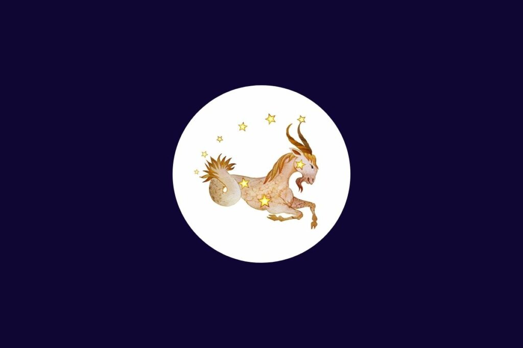 Ilustração do signo de capricórnio em um círculo branco sobre um fundo azul-escuro