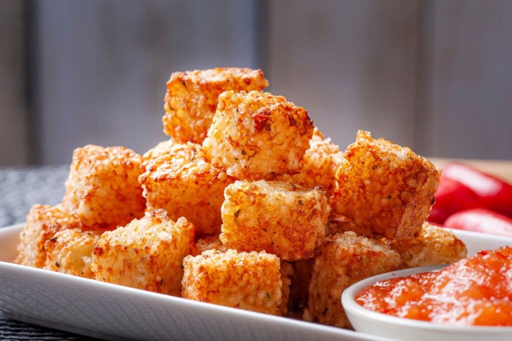 Dadinho de tapioca com geleia de pimenta servido em prato de cerâmica branco fundo e quadrado