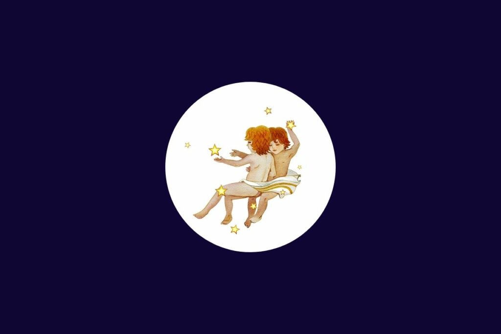 Ilustração do signo de gêmeos em um círculo branco sobre um fundo azul-escuro