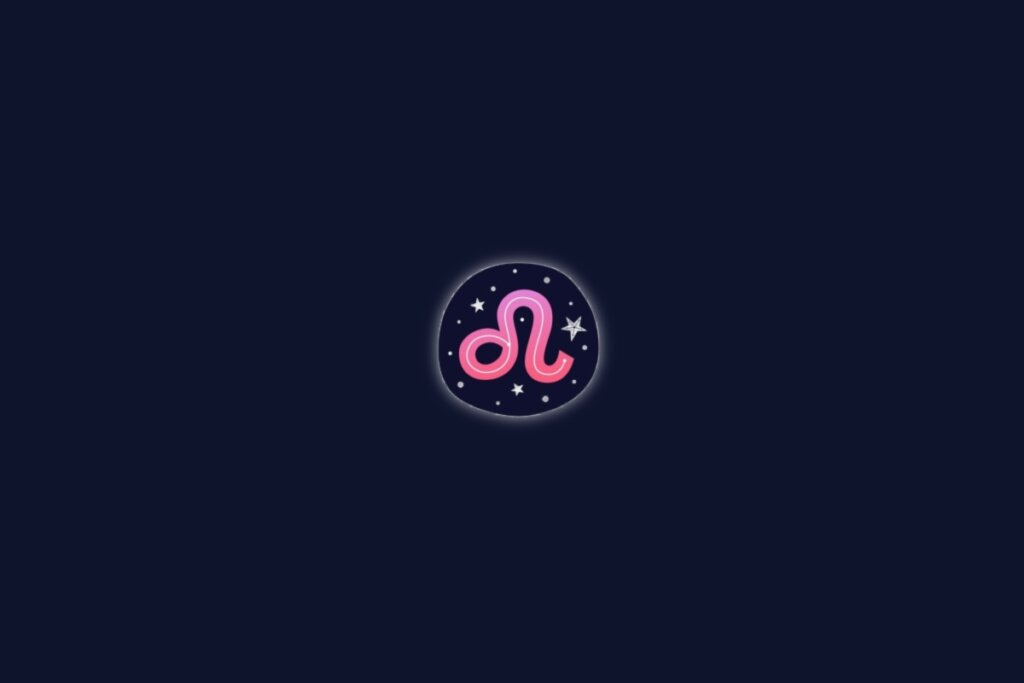 Símbolo do signo de leão na cor rosa centralizado sobre um fundo azul-escuro com pequenas estrelas brancas ao redor