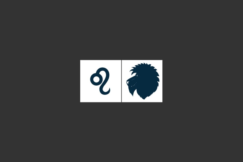 dois quadrados brancos com dois símbolos em azul que representam o signo de leão sobre fundo cinza-escuro