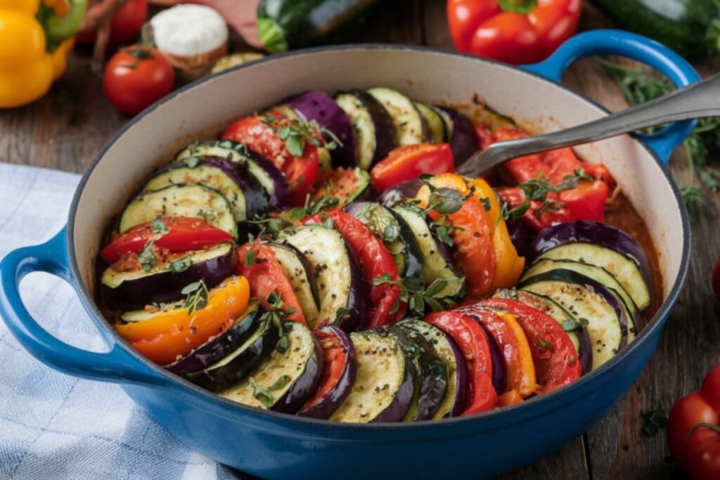 Ratatouille em refratário azul, com camadas coloridas de abobrinha, berinjela, tomate e pimentões