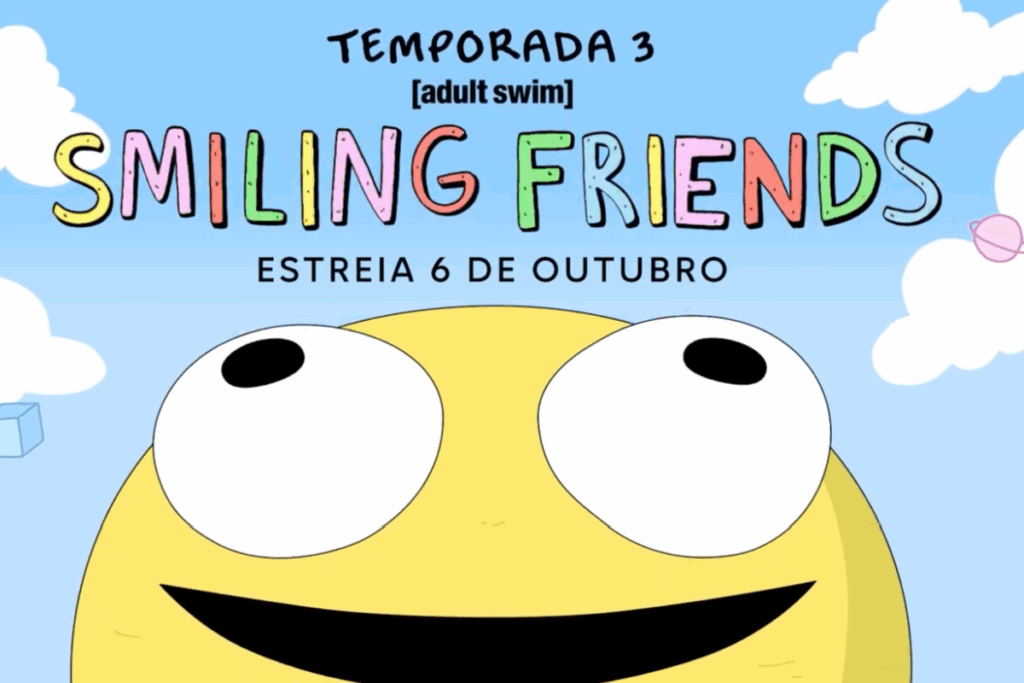 Um personagem de rosto amarelo gigante com olhos grandes ocupando o pôster sob céu azul