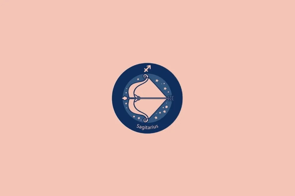 Ilustração do signo de Sagitário com um arco e flecha apontados para cima em fundo azul com estrelas e rosa