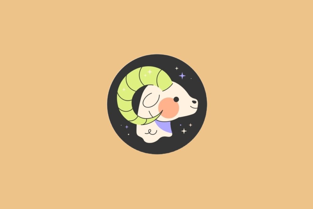 Ilustração do signo de Áries, em fundo alaranjado, com um carneiro claro de chifres verdes arqueados e expressão sorridente, sobre fundo estrelado