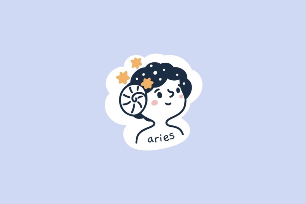 Ilustração do signo de Áries, contendo uma criança com cabelo escuro e um chifre espiralado ao lado da cabeça, decorado com pequenas estrelas alaranjadas, em fundo azul-claro