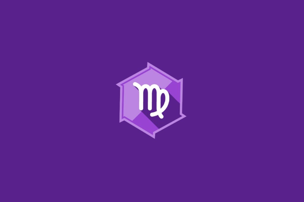 Ilustração do signo de Virgem, em fundo roxo, com símbolo parecido com a letra "m" finalizada por espécie de um laço