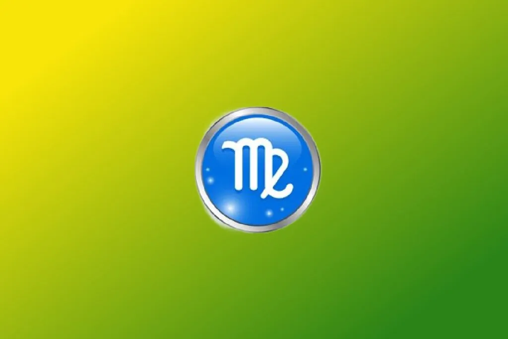 Ilustração do signo de Virgem com símbolo branco curvado semelhante a um M em círculo azul com borda prateada sobre fundo verde e amarelo