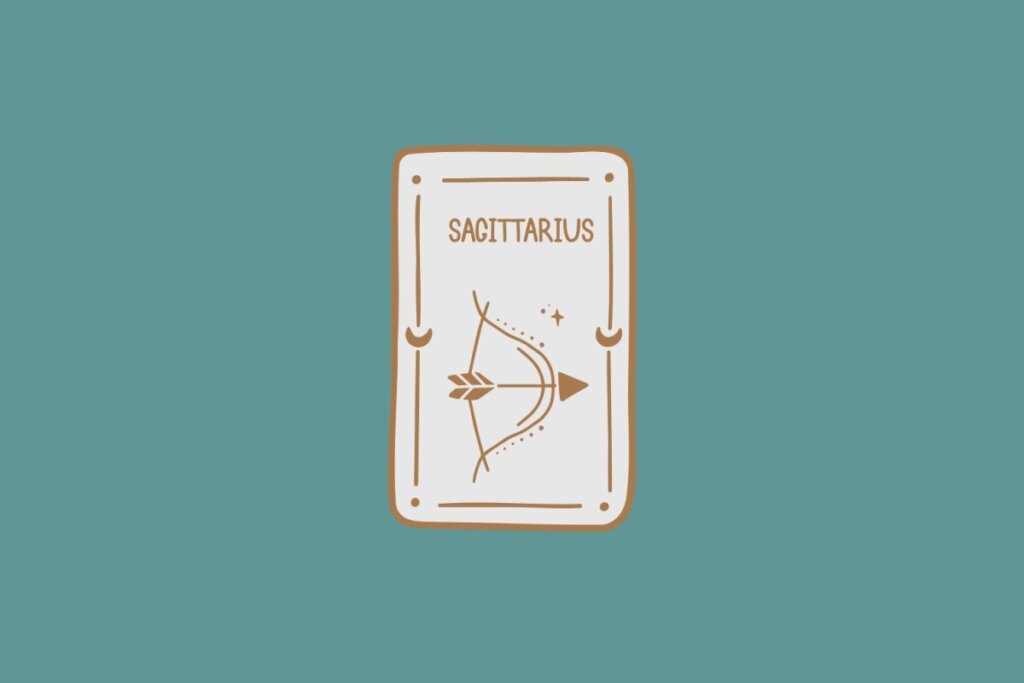 Ilustração do signo de Sagitário, em fundo verde-azulado, contendo um arco com uma flecha posicionada no centro