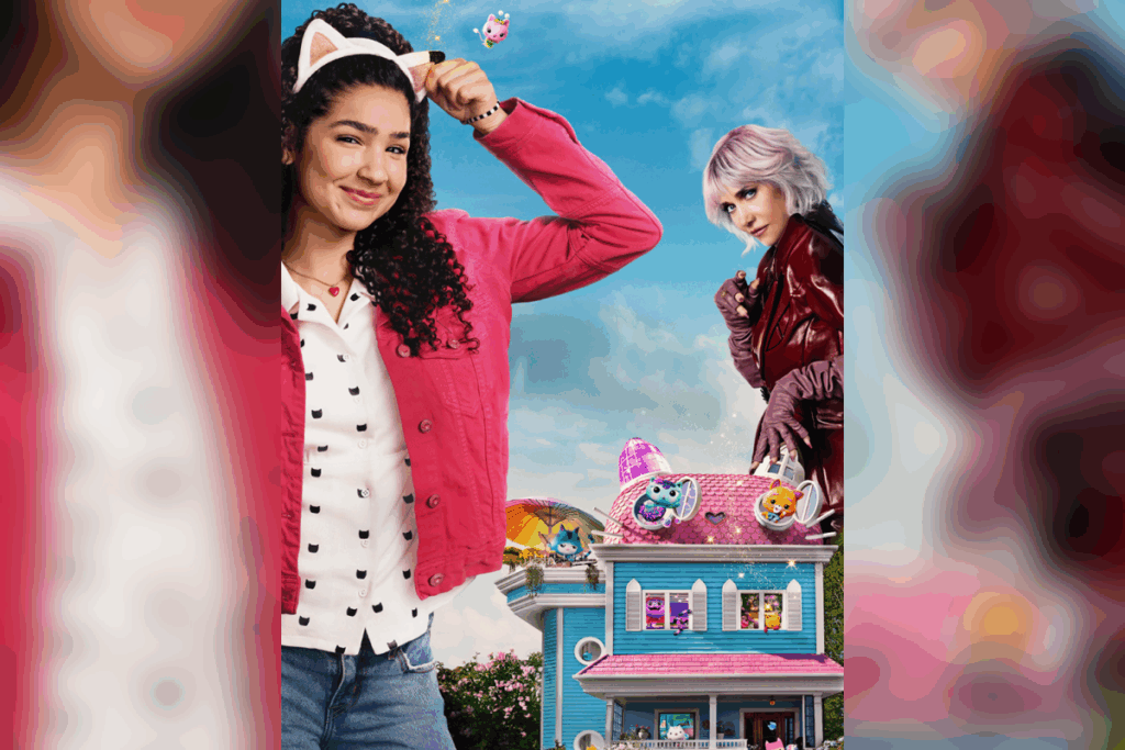 Cena promocional de "A Casa Mágica da Gabby: O Filme", com Gabby e personagens da casa mágica ao fundo
