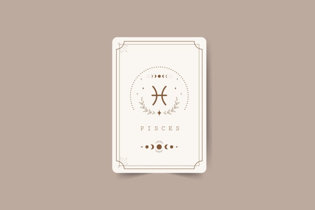 ilustração de uma carta branca com símbolo do signo de peixes marrom com pontos em volta, nome do signo em inglês embaixo e desenhos de lua. carta está em fundo marrom-claro