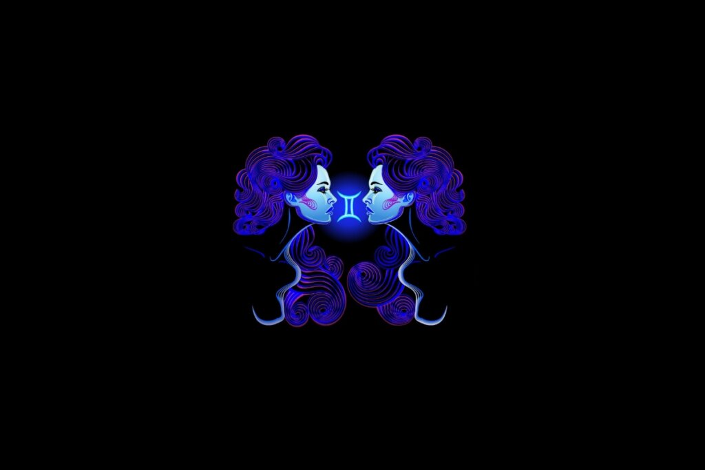 Ilustração do signo de gêmeos em roxo e rosa em um fundo preto