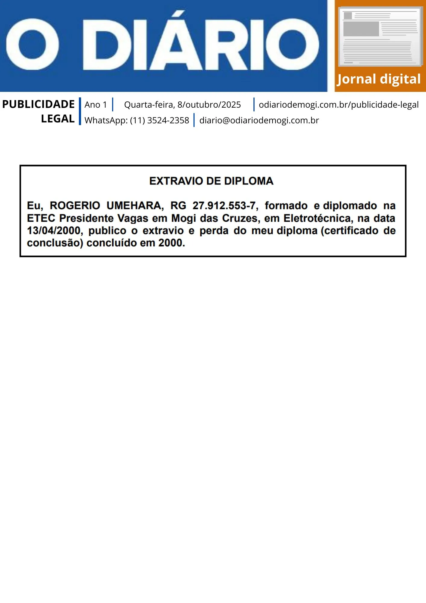 Quarta-feira, 8 de outubro de 2025