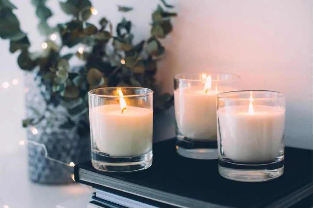 Três velas brancas ao lado de uma planta