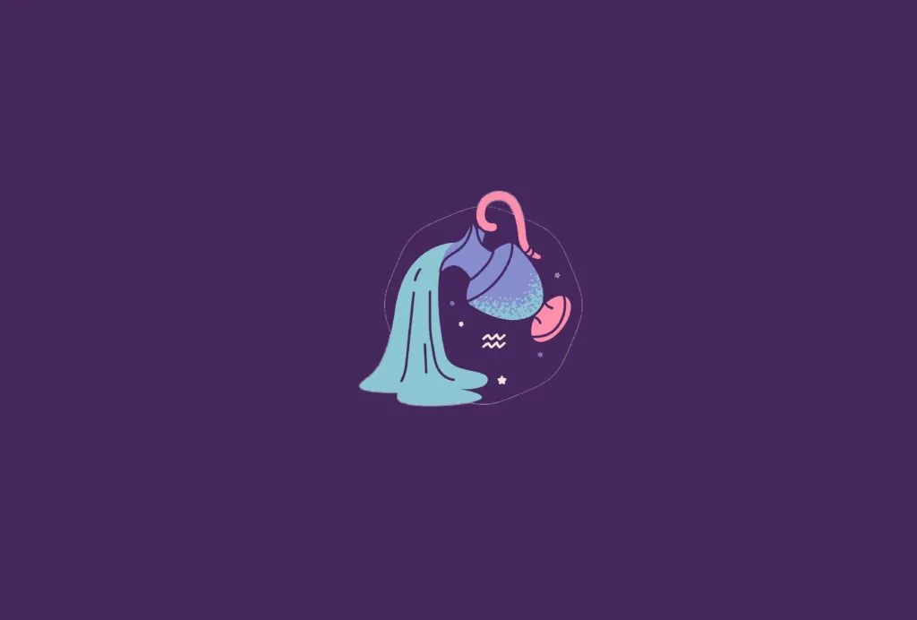 Ilustração do signo de Aquário, representado por um vaso derramando água, com fundo estrelado e detalhes em rosa e azul