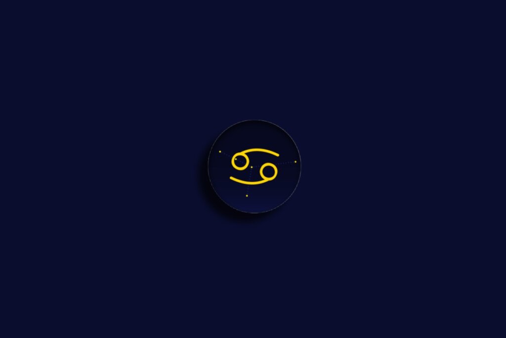 círculo azul-escuro com símbolo e constelação do signo de câncer em amarelo sobre fundo azul-escuro