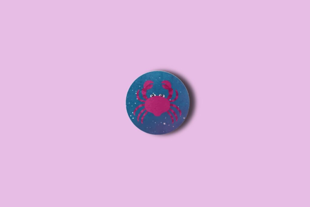 Ilustração do signo de câncer em um círculo azul com estrelas e sobre um fundo rosa