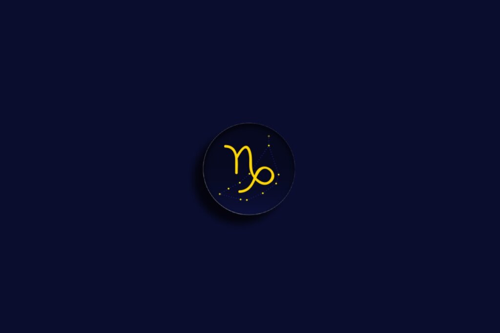 círculo azul-escuro com símbolo e constelação do signo de capricórnio em amarelo sobre fundo azul-escuro