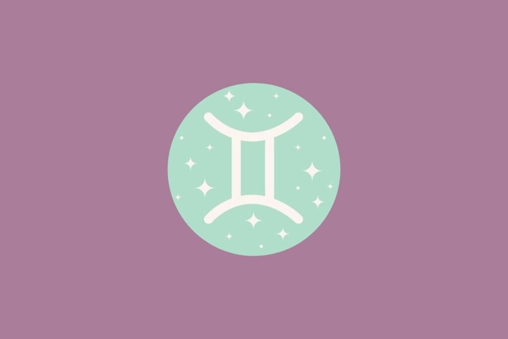 Ilustração do signo de gêmeos em um círculo verde com estrelas e em um fundo roxo