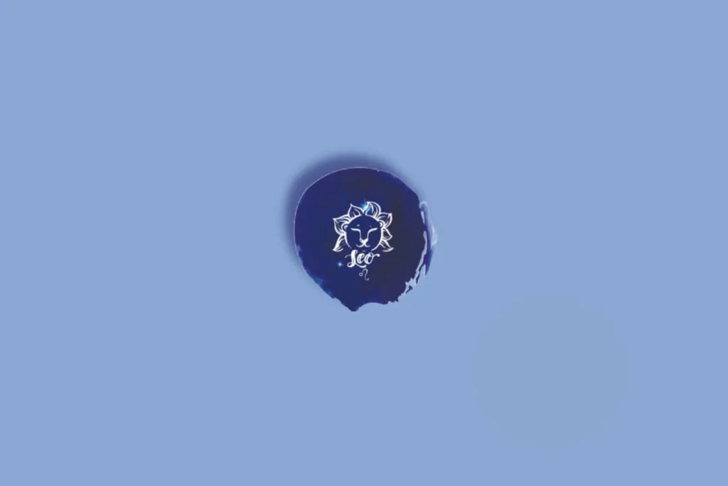 Ilustração do signo de leão em um círculo com fundo azul e branco com estrelas