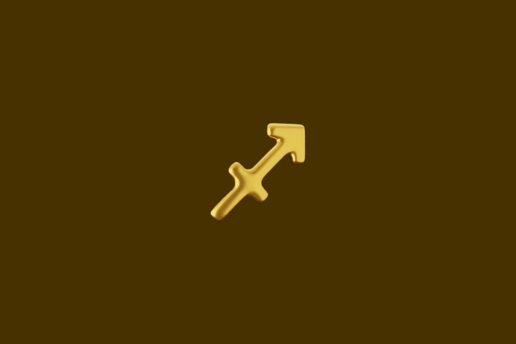Ilustração do símbolo do signo de Sagitário dourado em um fundo marrom