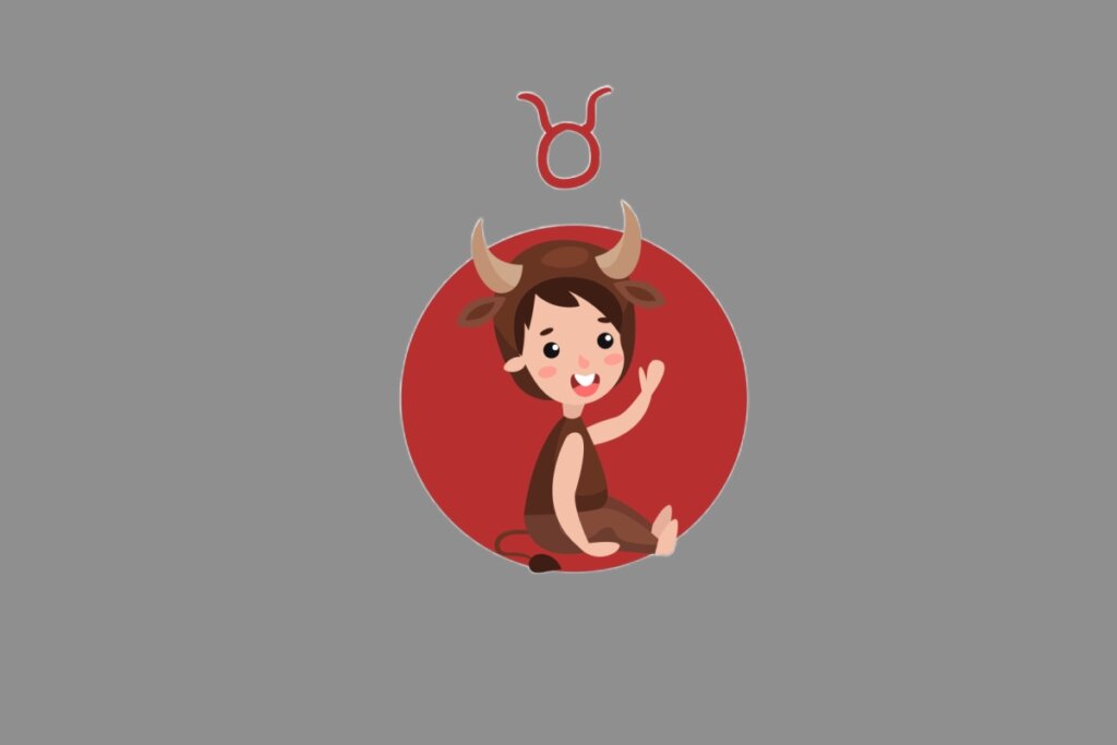 Ilustração do signo de Touro, contendo um menino com chifres e orelhas de touro, vestindo roupa marrom e acenando sorridente sobre fundo vermelho