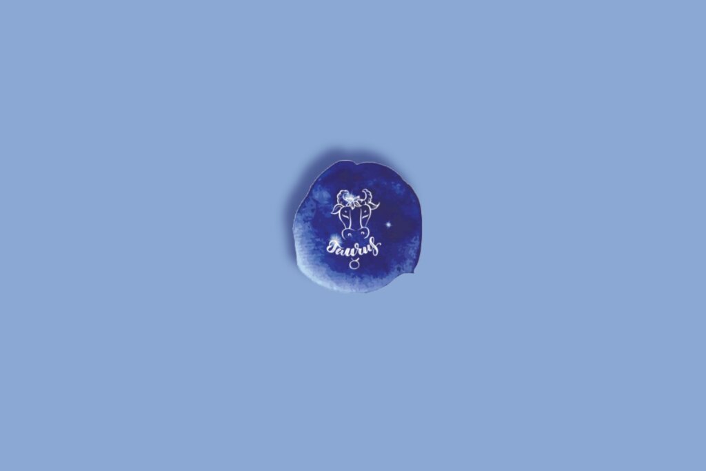 Ilustração do signo de touro em um círculo com fundo azul e branco com estrelas 