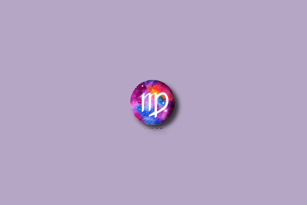 Ilustração do signo de virgem em um círculo colorido e sobre um fundo roxo