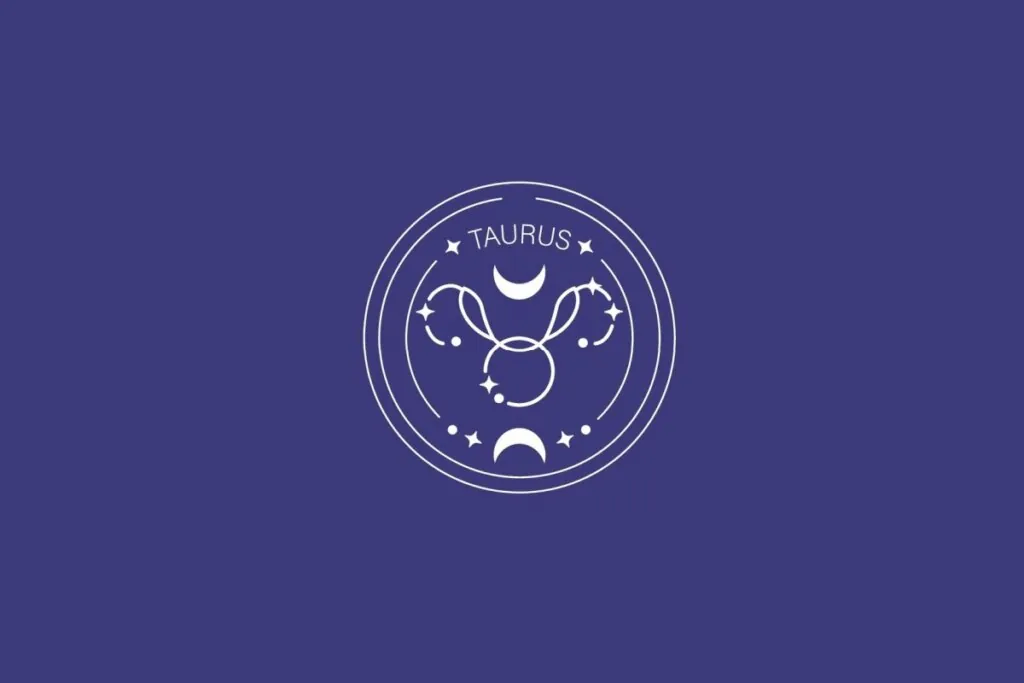 Ilustração do signo de Touro, com símbolo composto por um círculo central e duas linhas curvas superiores que lembram chifres, em fundo escuro