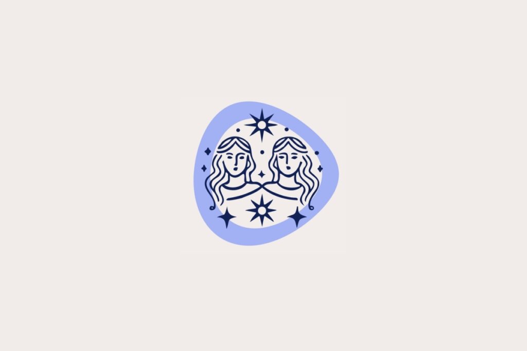Ilustração do signo de Gêmeos, em fundo bege-claro, contendo duas figuras femininas lado a lado com estrelas ao redor dentro de uma moldura lilás