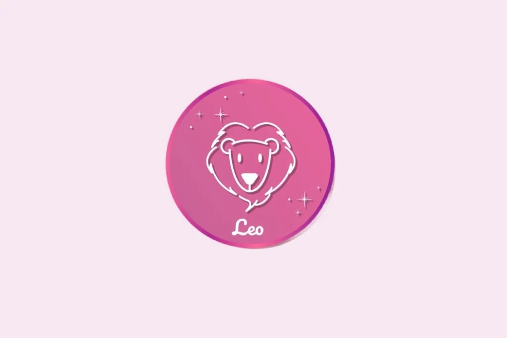 Ilustração do signo de Leão, em fundo rosa, contendo o símbolo de uma cabeça de leão com juba arredondada e orelhas pequenas