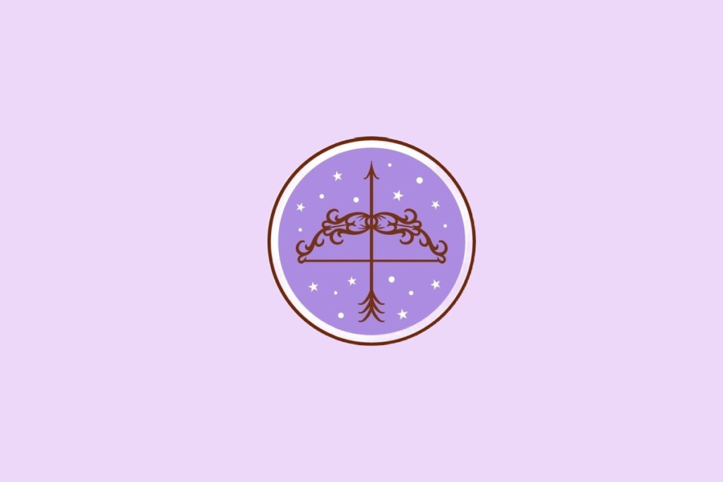 Ilustração do signo de Sagitário, mostrando um arco com flecha apontada para cima em fundo lilás