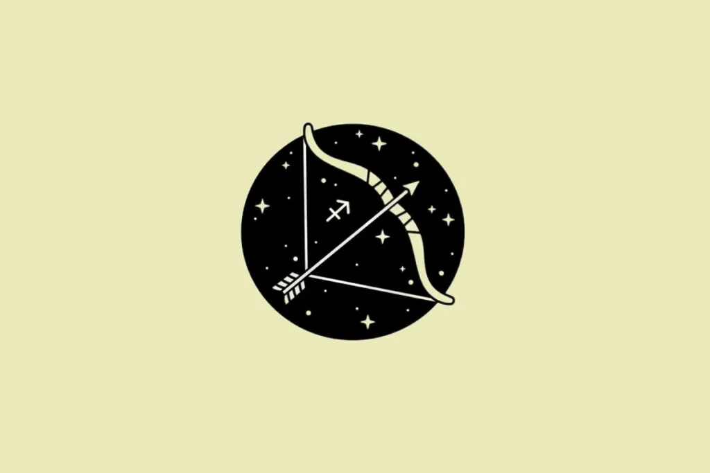 Ilustração do signo de Sagitário em preto sobre um fundo amarelo